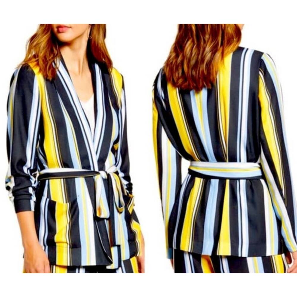 Halogen NWT Black Lucinda Stripe Soft Tie Waist Blazer Jacket Open Front Small